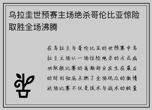 乌拉圭世预赛主场绝杀哥伦比亚惊险取胜全场沸腾